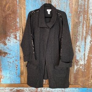 Soft Surroundings Charcoal Gray Merino Wool Cardigan Sweater with Sequins